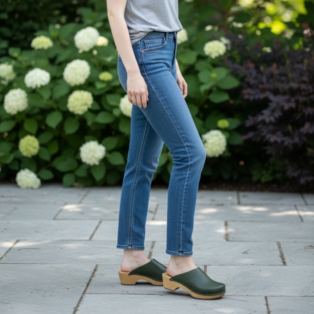 Stylish Green Genuine leather Women's Clogs